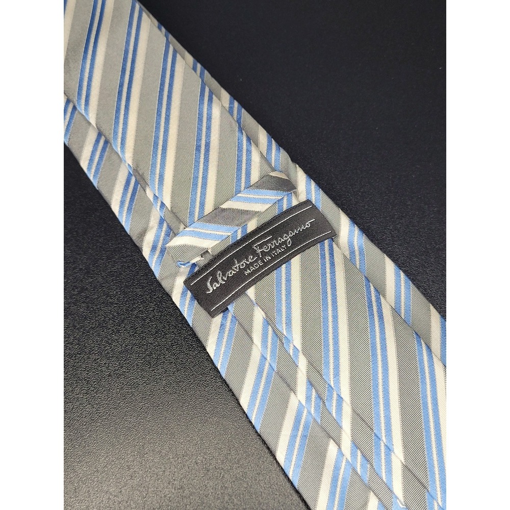 Salvatore Ferragamo Silk Necktie Blue Grey White Diagonal Stripe Italy